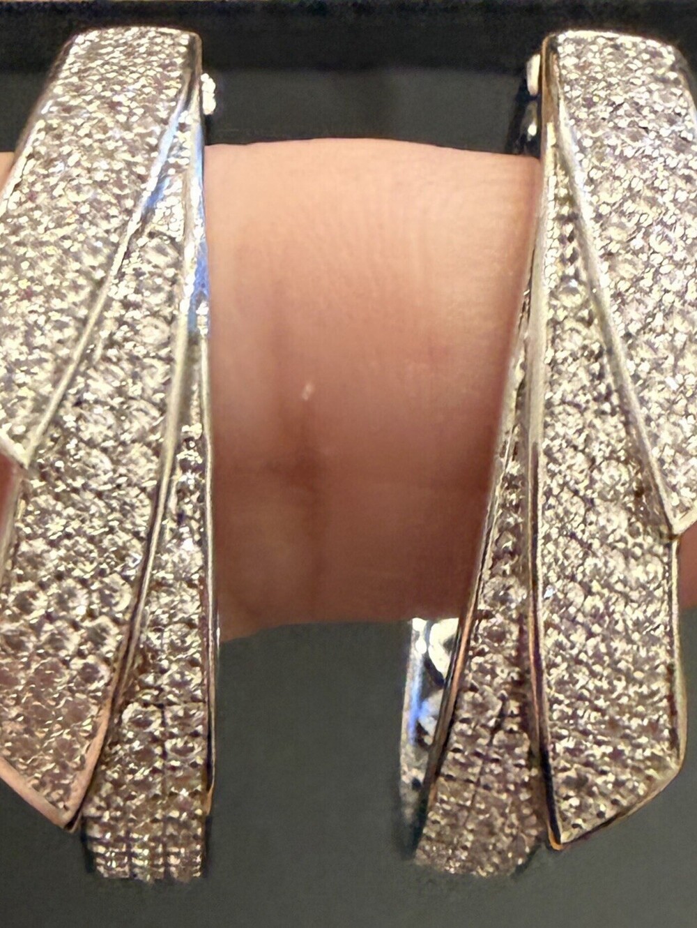 Silver Tone Crystal Geometric Hoop Earrings Pavé Statement Hinged Fashion